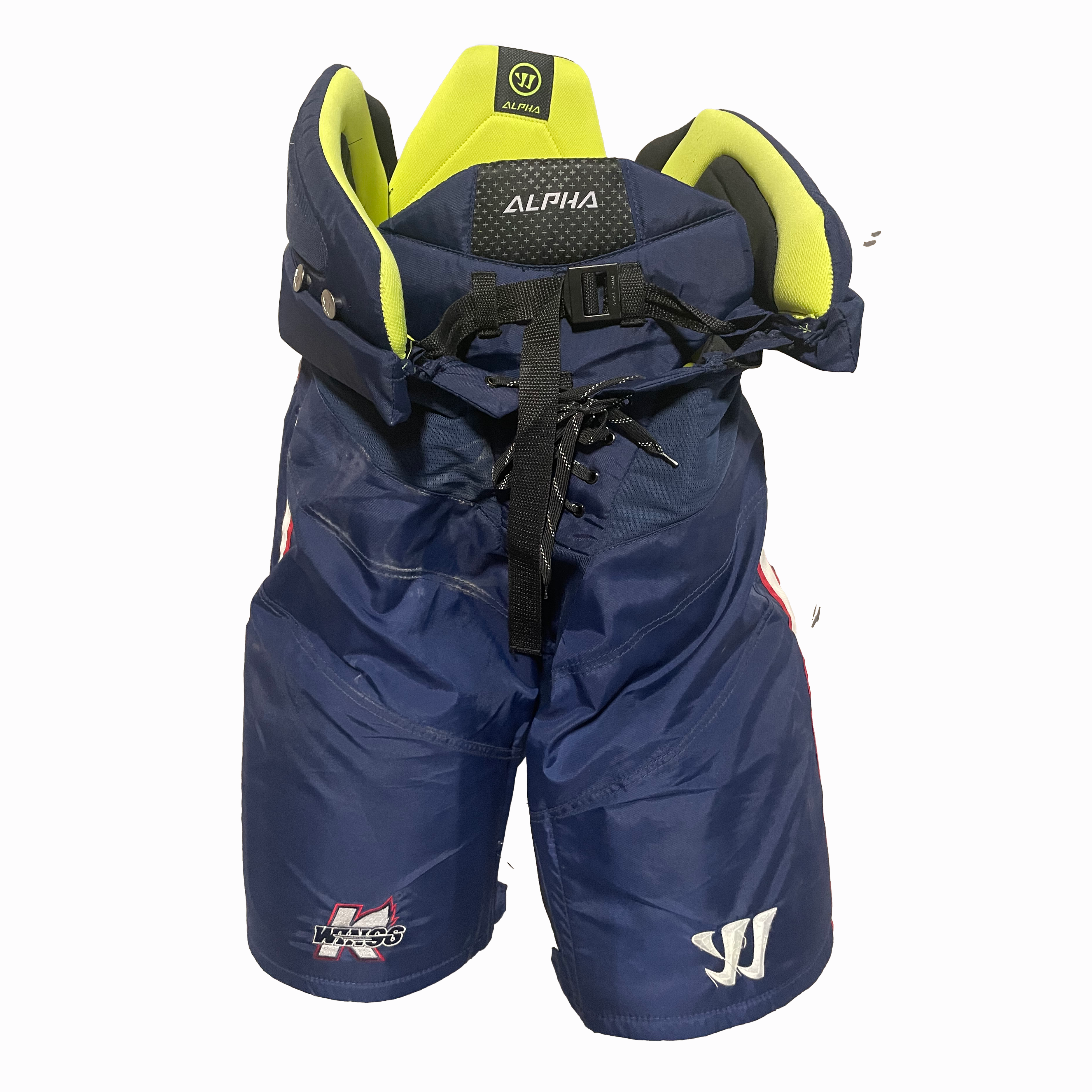 Warrior Alpha - Pantalon de hockey ECHL Pro Stock d'occasion (bleu marine/rouge/blanc)